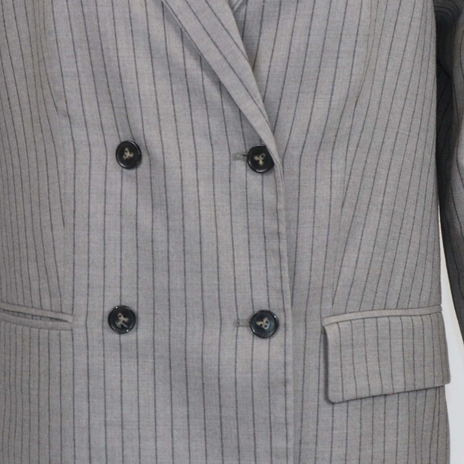 12 Storeez Grey Wool Striped Double Breasted Blazer