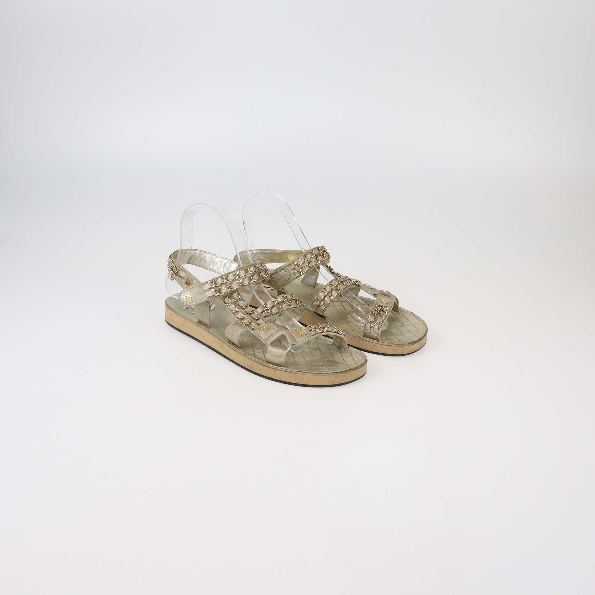 Chanel Green Metallic Beige Leather CC Chain Link Flat Sandals