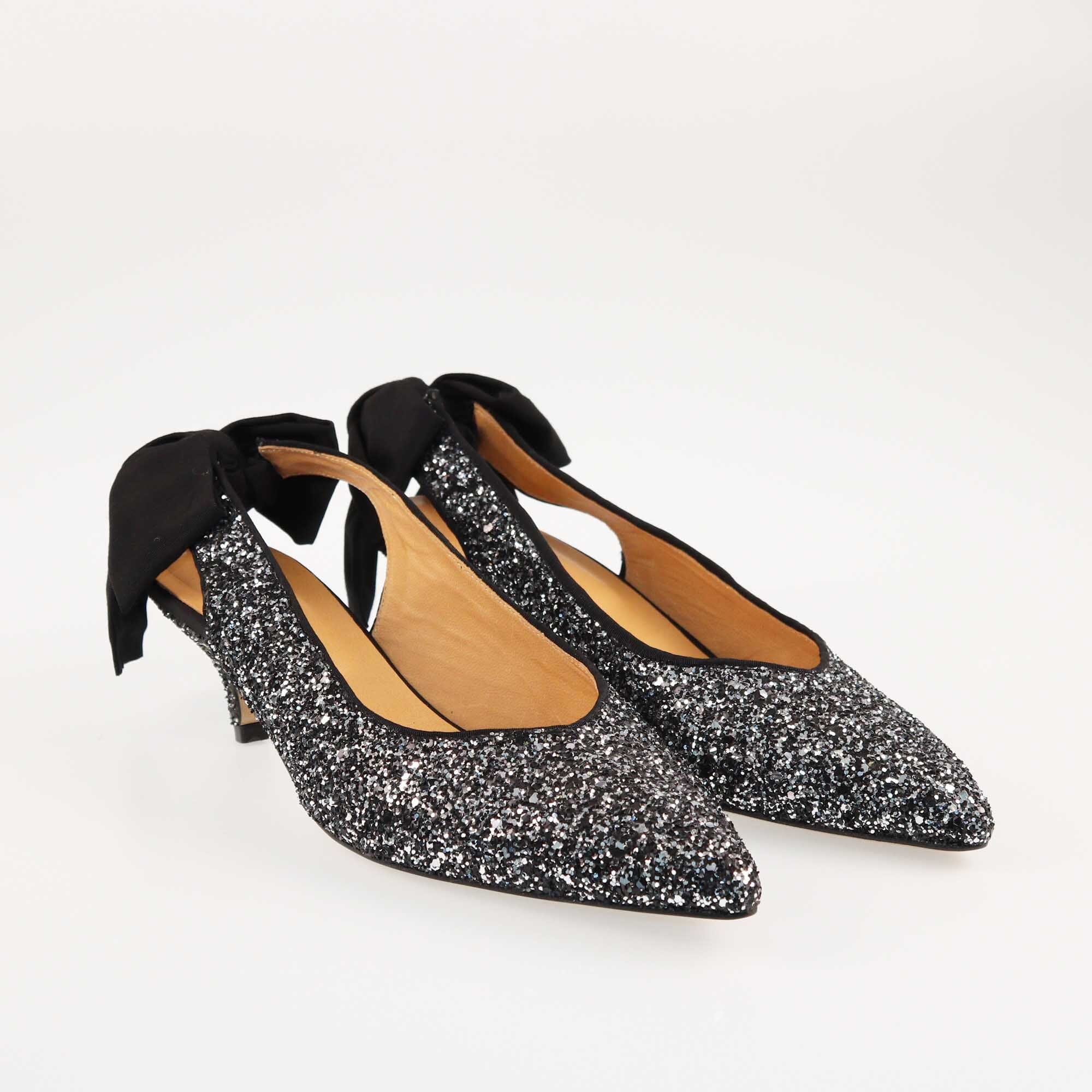 Ganni Black/Silver Glitter Kitten Heels Pumps Shoes Ganni 