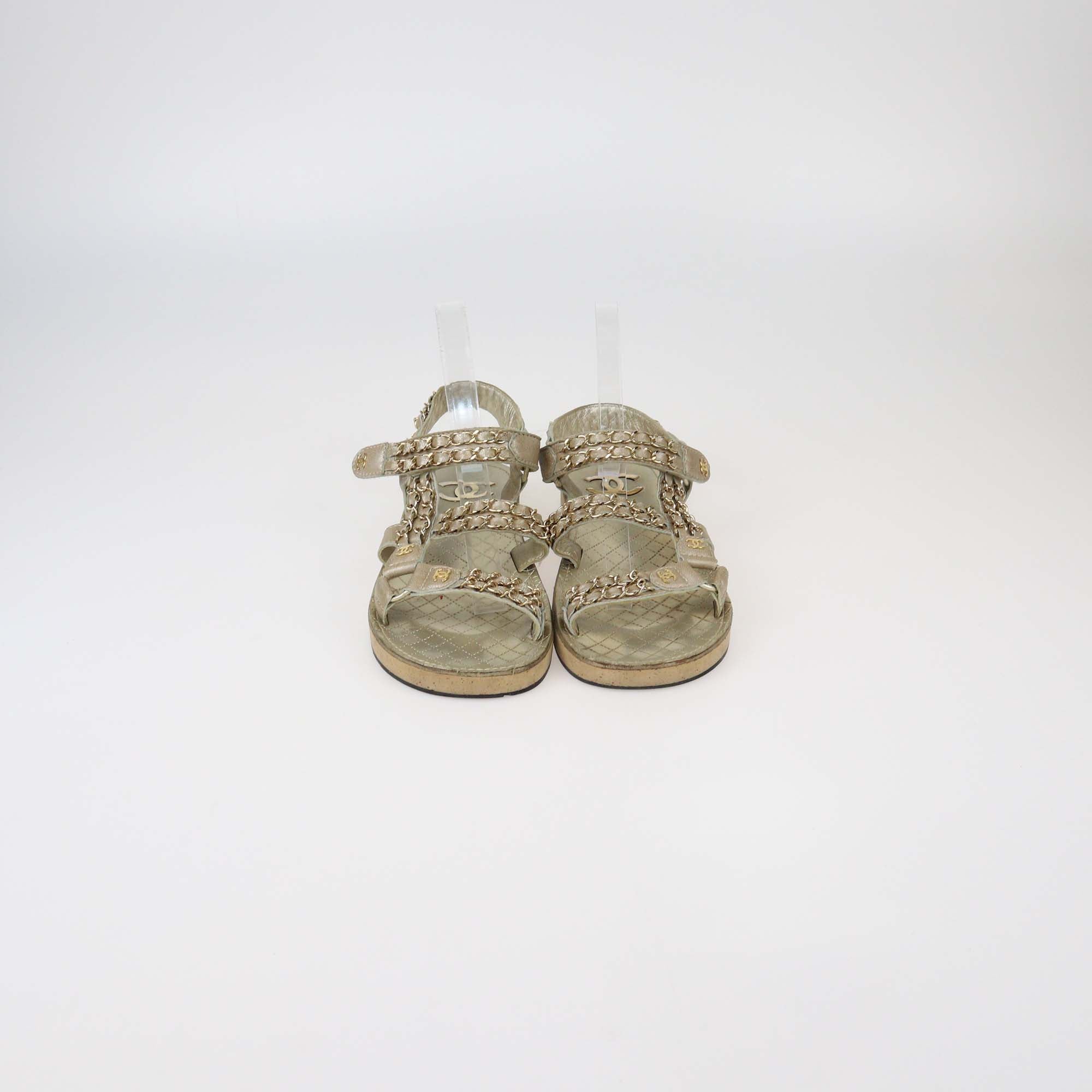 Chanel Green Metallic Beige Leather CC Chain Link Flat Sandals