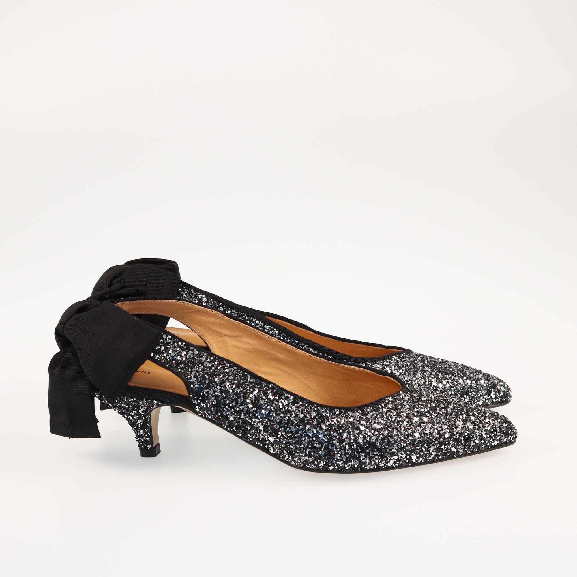 Ganni Black/Silver Glitter Kitten Heels Pumps Shoes Ganni 