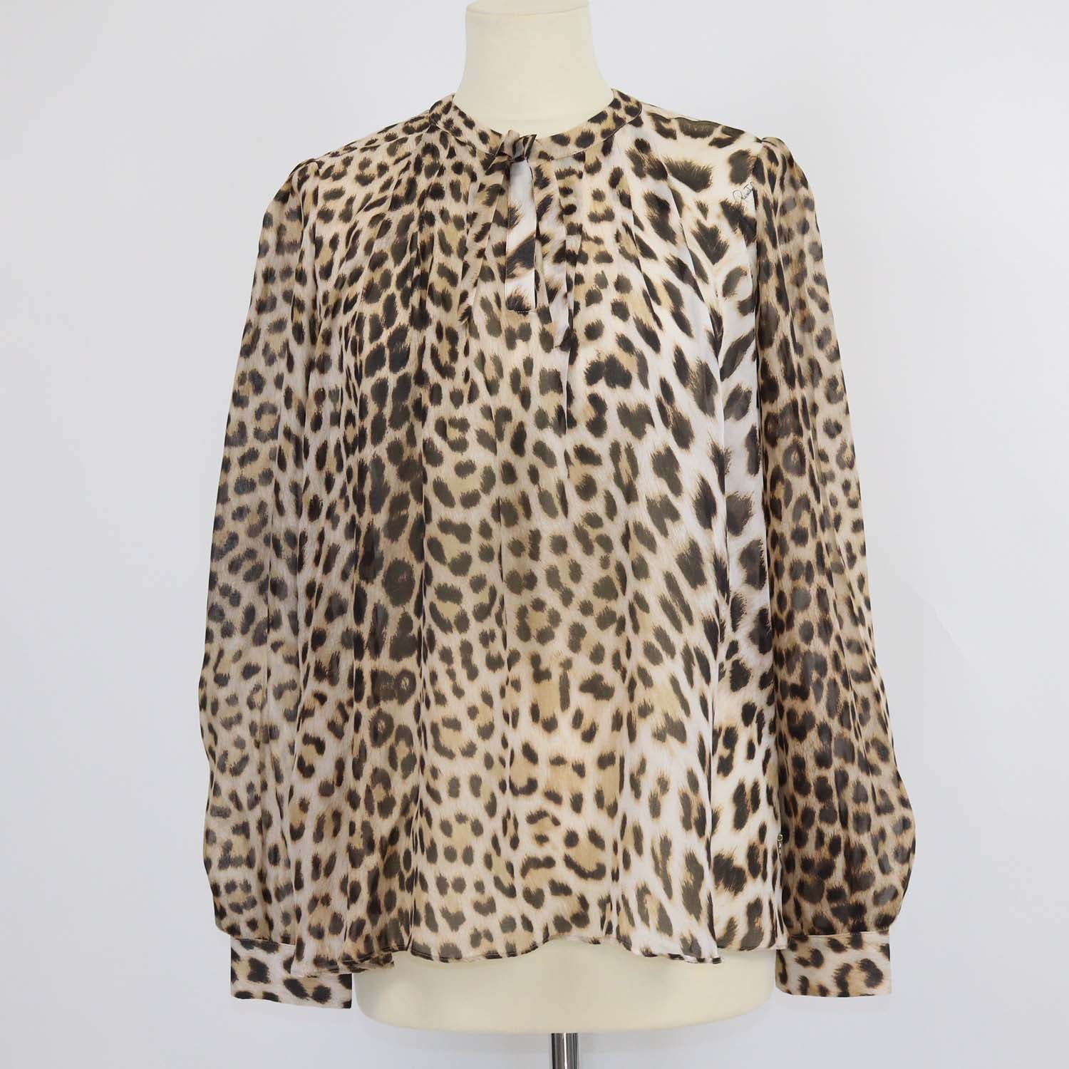 Roberto Cavalli Brown Silk Leopard Print Tie Detail Sheer Top