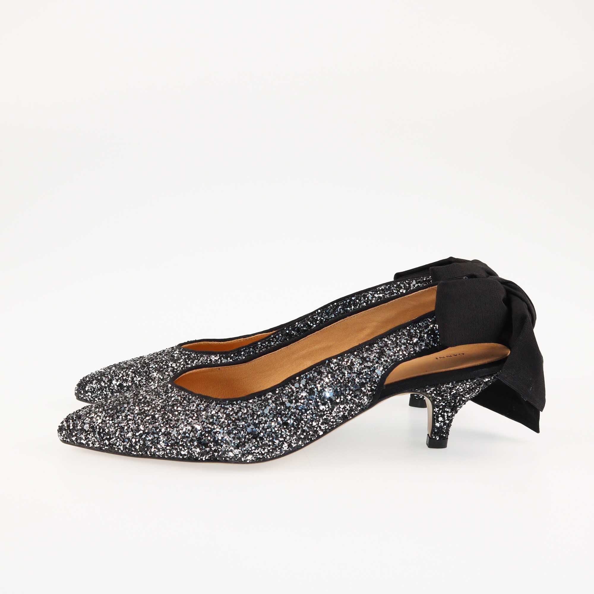 Ganni Black/Silver Glitter Kitten Heels Pumps Shoes Ganni 