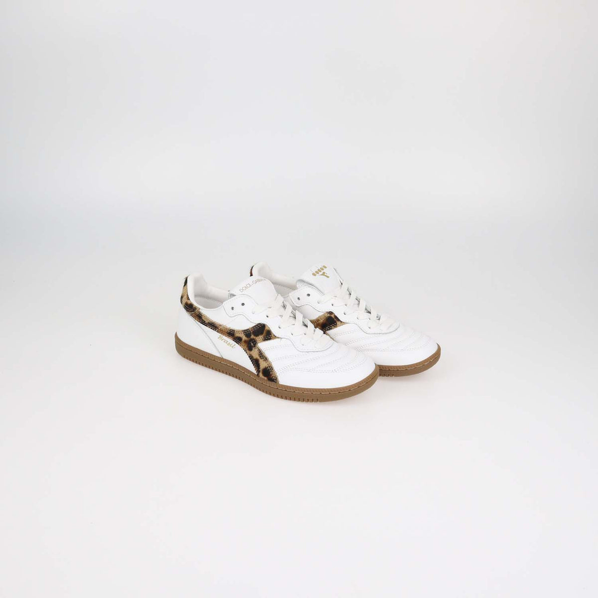 Dolce & Gabbana x Diadora White Leather and Leopard Print Calf Hair Brasil Sneakers