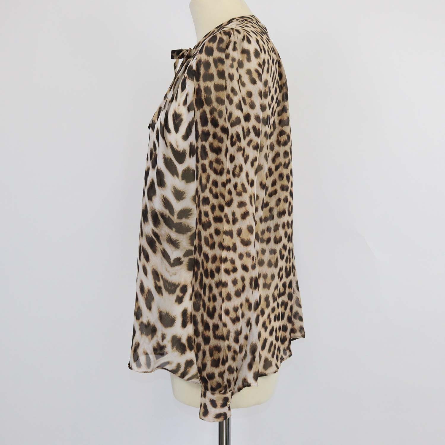 Roberto Cavalli Brown Silk Leopard Print Tie Detail Sheer Top