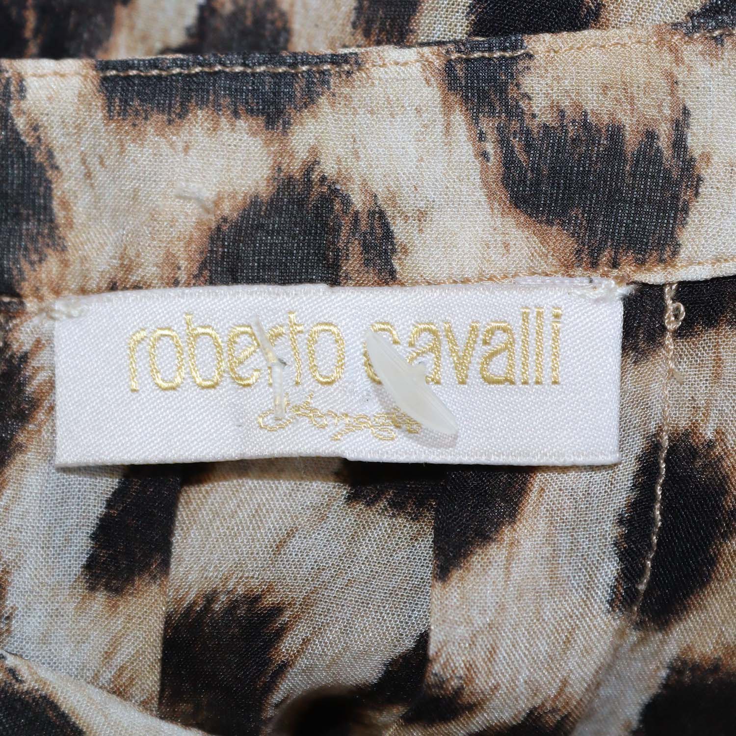 Roberto Cavalli Brown Silk Leopard Print Tie Detail Sheer Top
