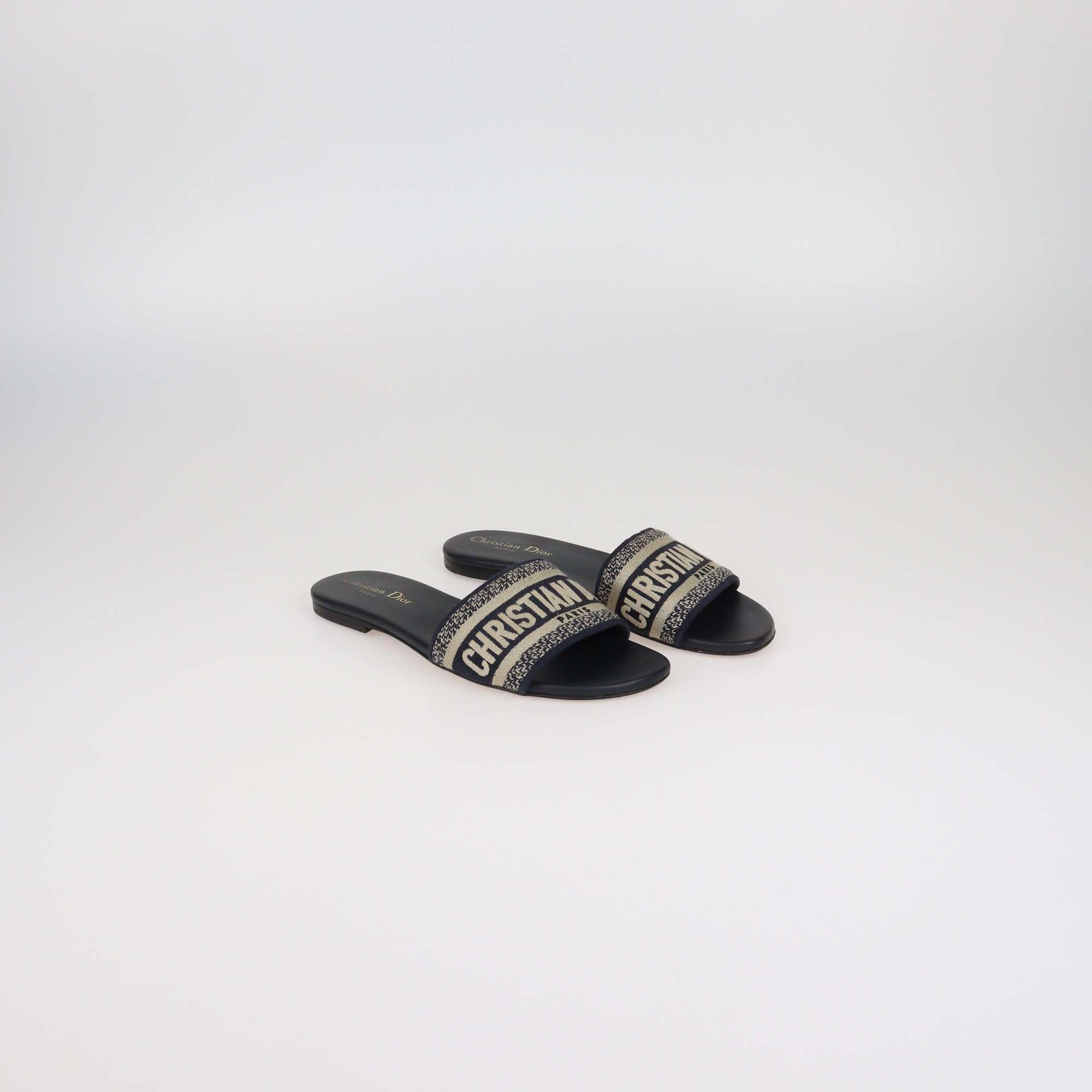 Christian Dior Navy Blue Embroidered Canvas Dway Flat Slides