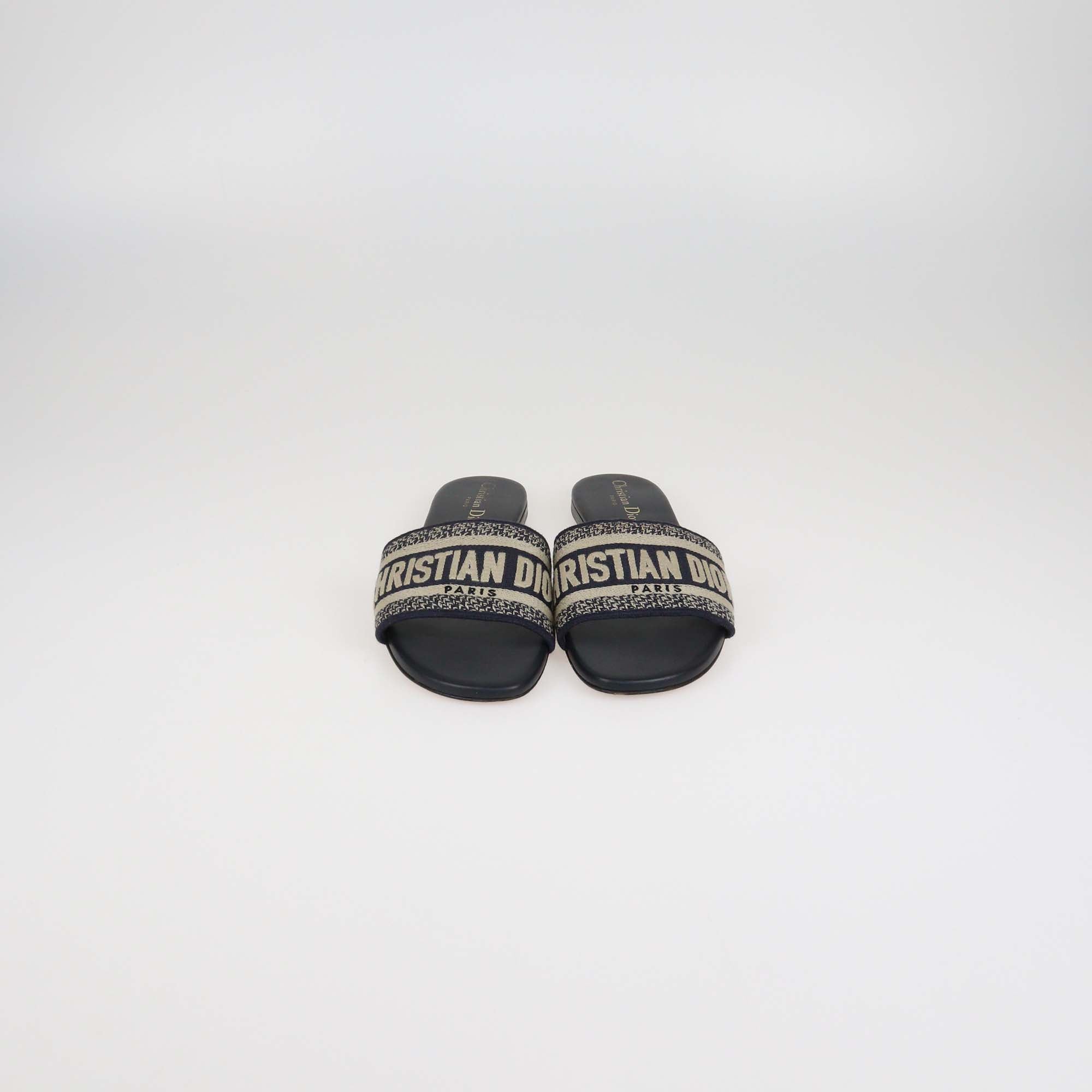 Christian Dior Navy Blue Embroidered Canvas Dway Flat Slides