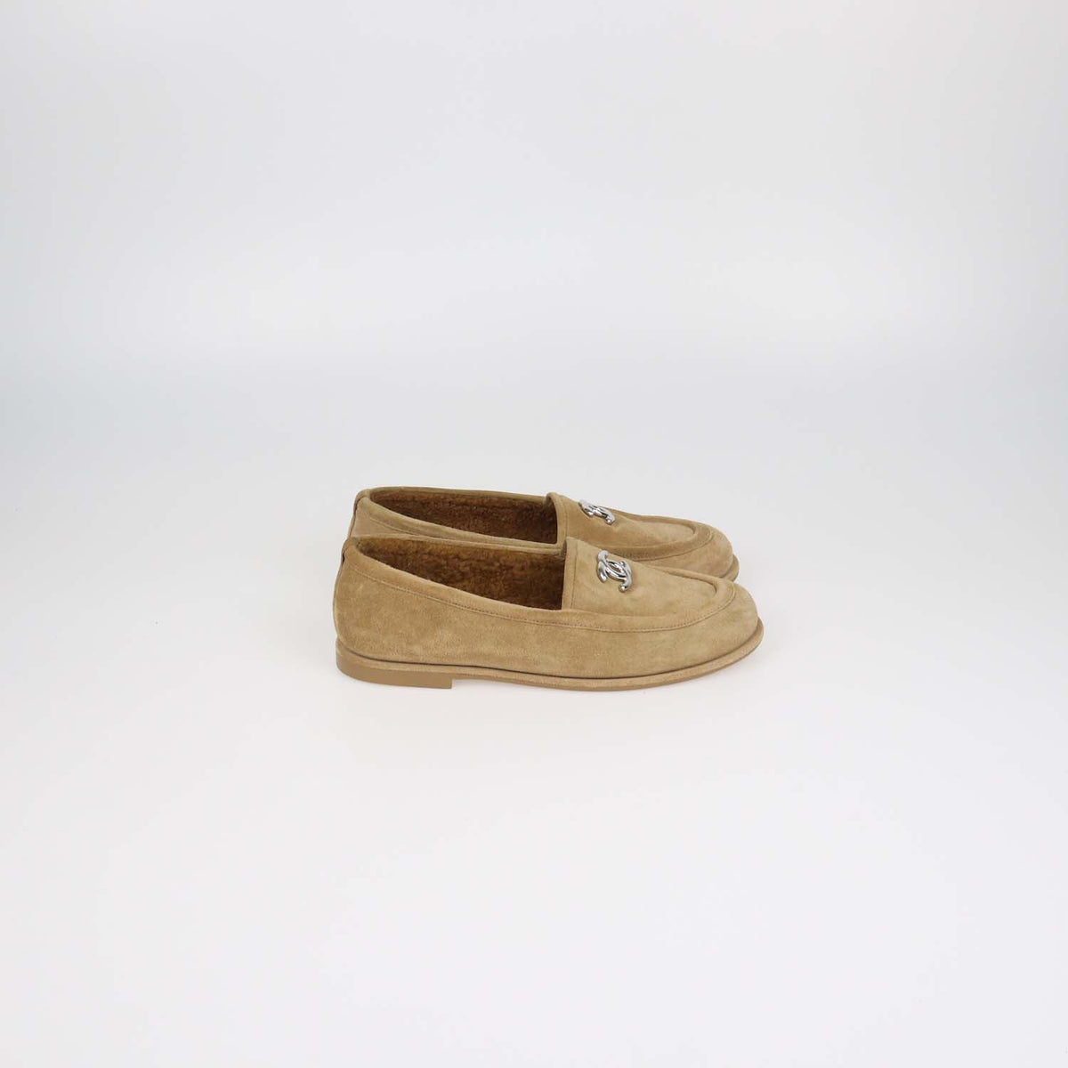 Chanel Tan Suede and Shearling Lined CC Logo Loafers