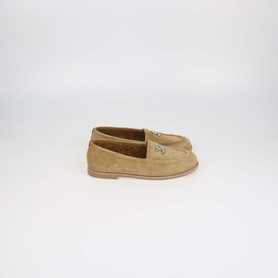 Chanel Tan Suede and Shearling Lined CC Logo Loafers