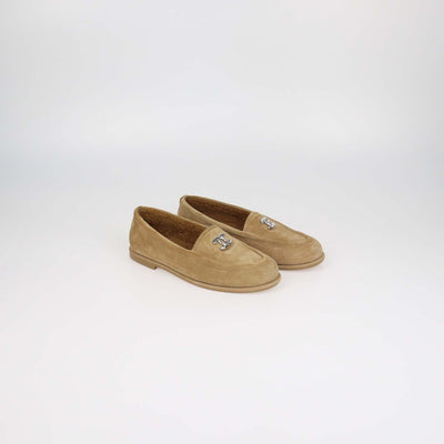 Chanel Tan Suede and Shearling Lined CC Logo Loafers