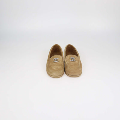 Chanel Tan Suede and Shearling Lined CC Logo Loafers