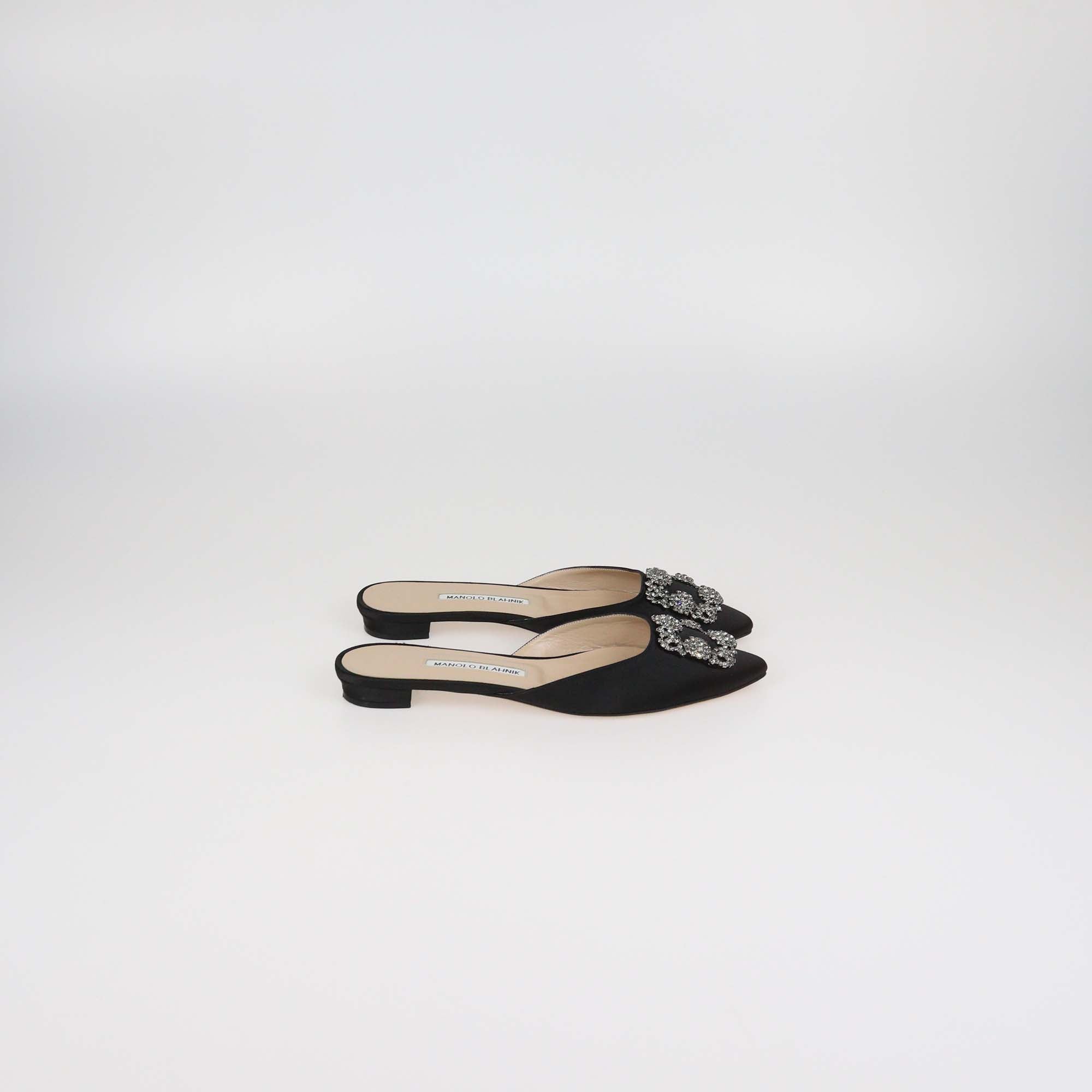 Manolo Blahnik Black Satin Hangisi Crystal Embellished Flat Mules