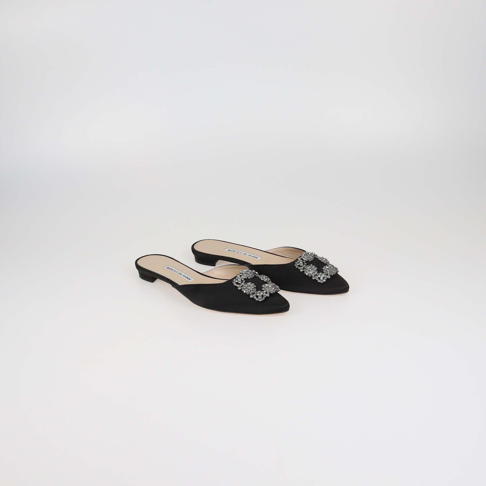 Manolo Blahnik Black Satin Hangisi Crystal Embellished Flat Mules