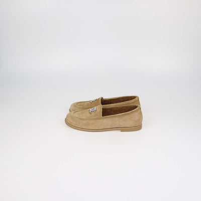 Chanel Tan Suede and Shearling Lined CC Logo Loafers