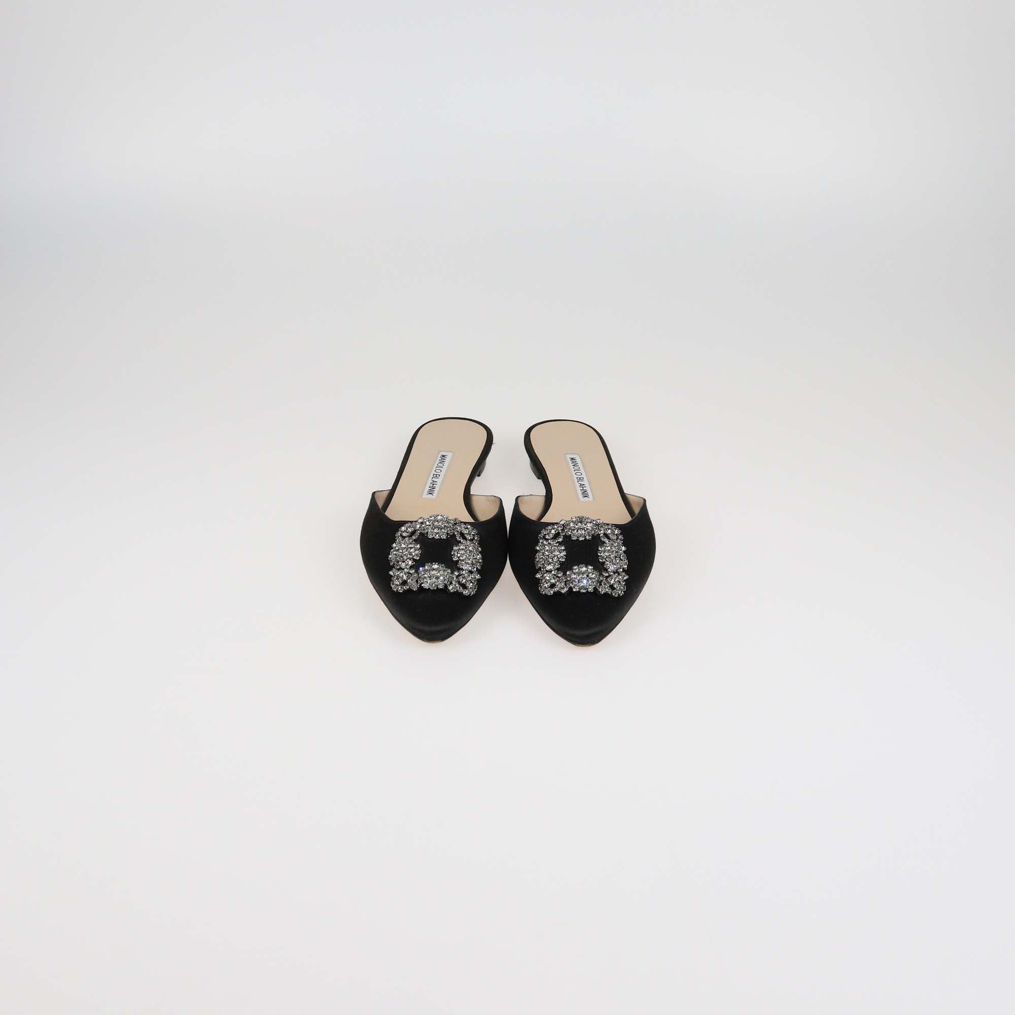 Manolo Blahnik Black Satin Hangisi Crystal Embellished Flat Mules