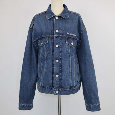 Balenciaga Dark Blue Denim Logo Embroidered Oversized Jacket