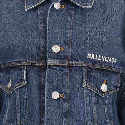 Balenciaga Dark Blue Denim Logo Embroidered Oversized Jacket