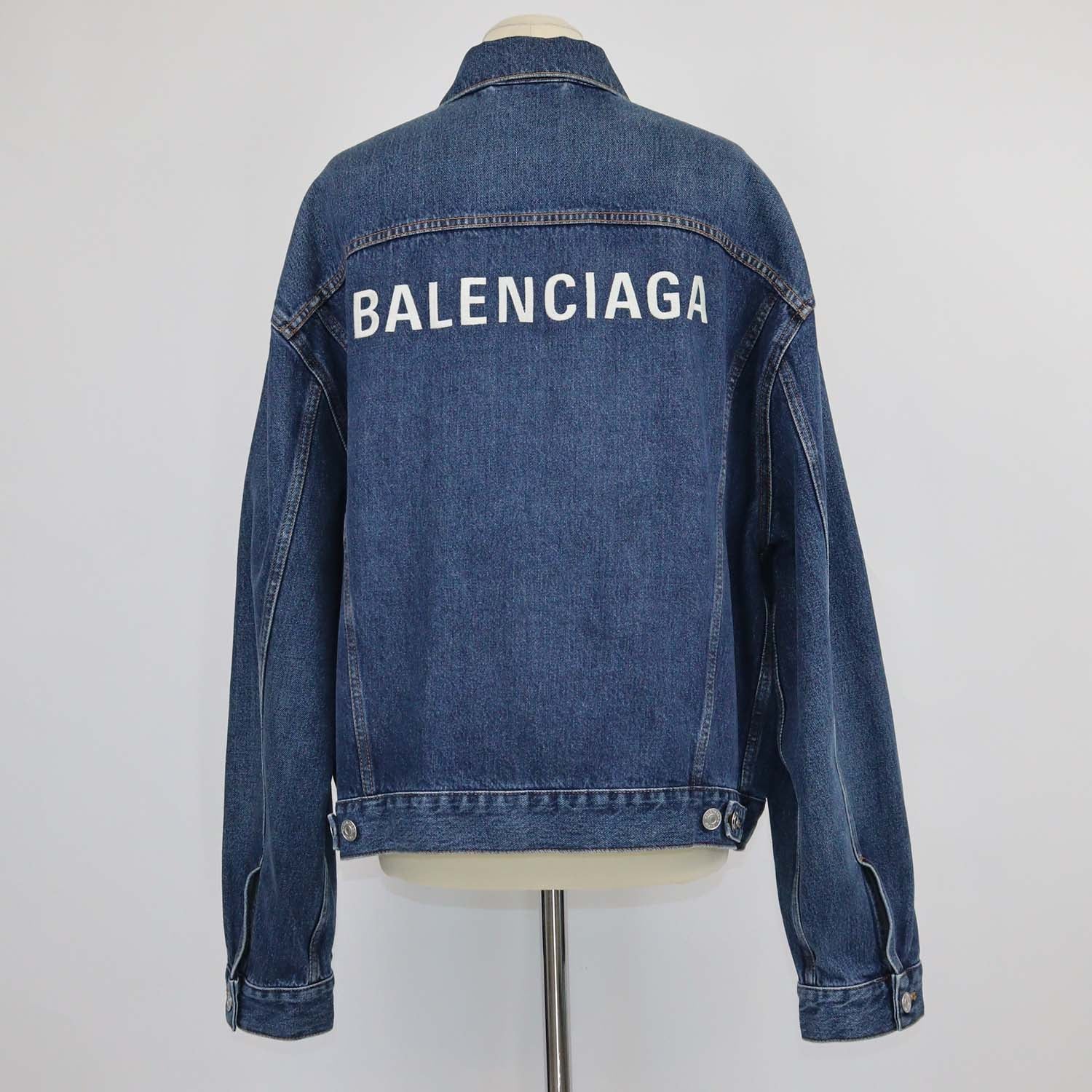Balenciaga Dark Blue Denim Logo Embroidered Oversized Jacket