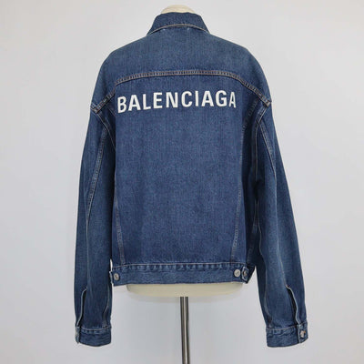 Balenciaga Dark Blue Denim Logo Embroidered Oversized Jacket