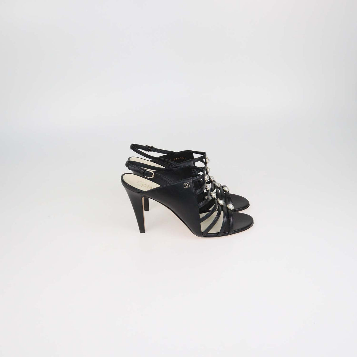 Chanel Black Leather Pearl Embellished Caged Slingback Sandals