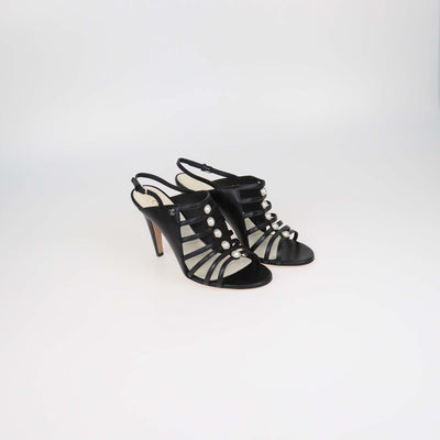 Chanel Black Leather Pearl Embellished Caged Slingback Sandals