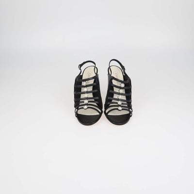 Chanel Black Leather Pearl Embellished Caged Slingback Sandals