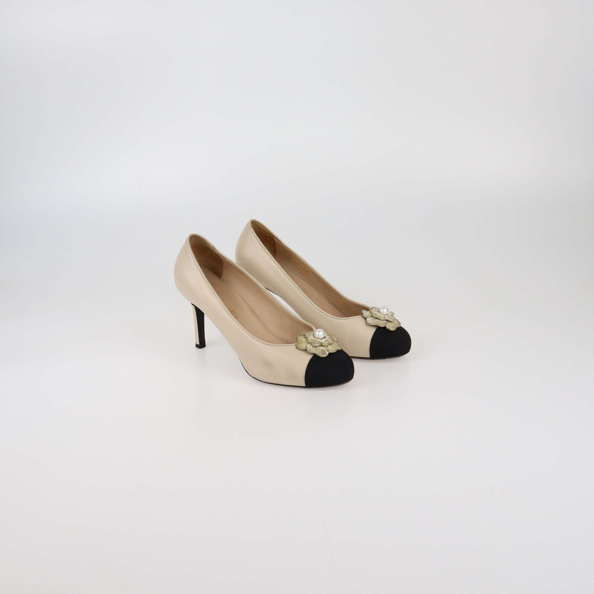 Chanel Beige/Black Pearl Enamel Camellia Cap Toe Pumps Womens Chanel 