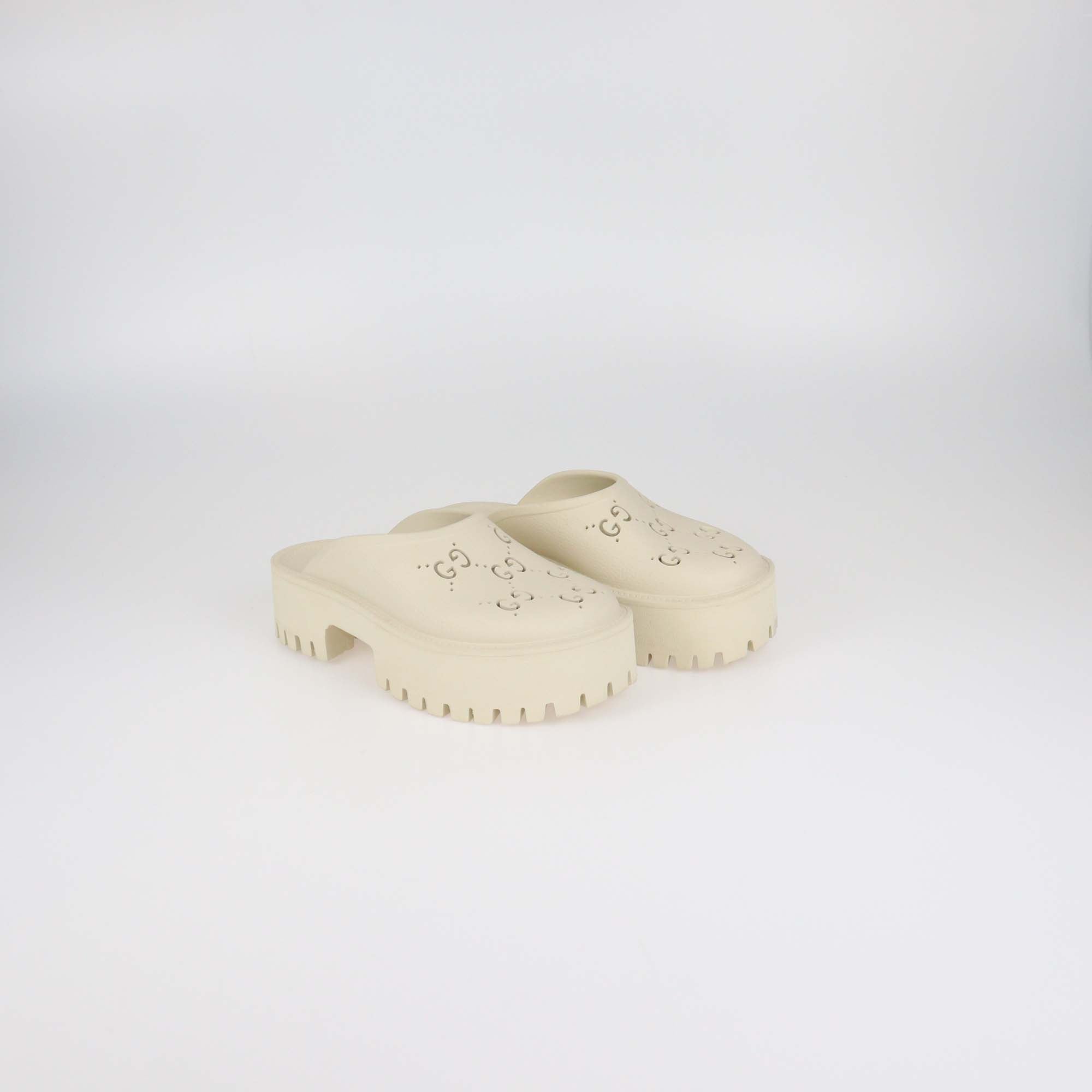 Gucci Mystic White Perforated GG Rubber Platform Clogs