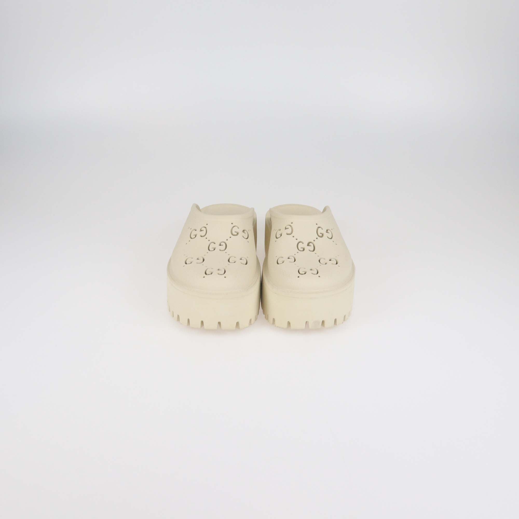 Gucci Mystic White Perforated GG Rubber Platform Clogs