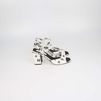 Chanel White,Black Leather CC Print Block Heel Ankle Strap Sandals