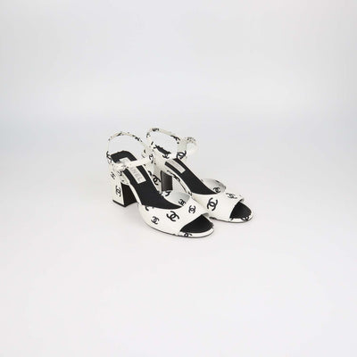 Chanel White,Black Leather CC Print Block Heel Ankle Strap Sandals