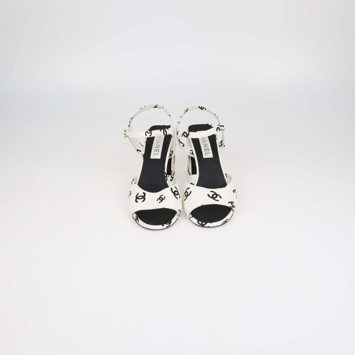 Chanel White,Black Leather CC Print Block Heel Ankle Strap Sandals