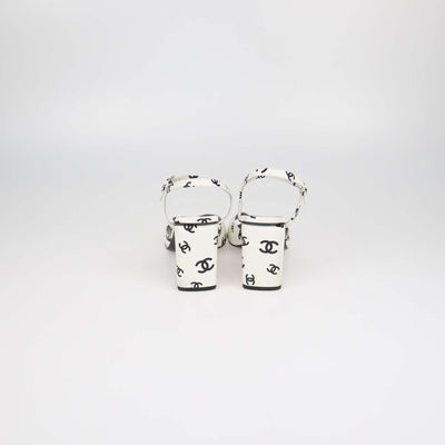 Chanel White,Black Leather CC Print Block Heel Ankle Strap Sandals