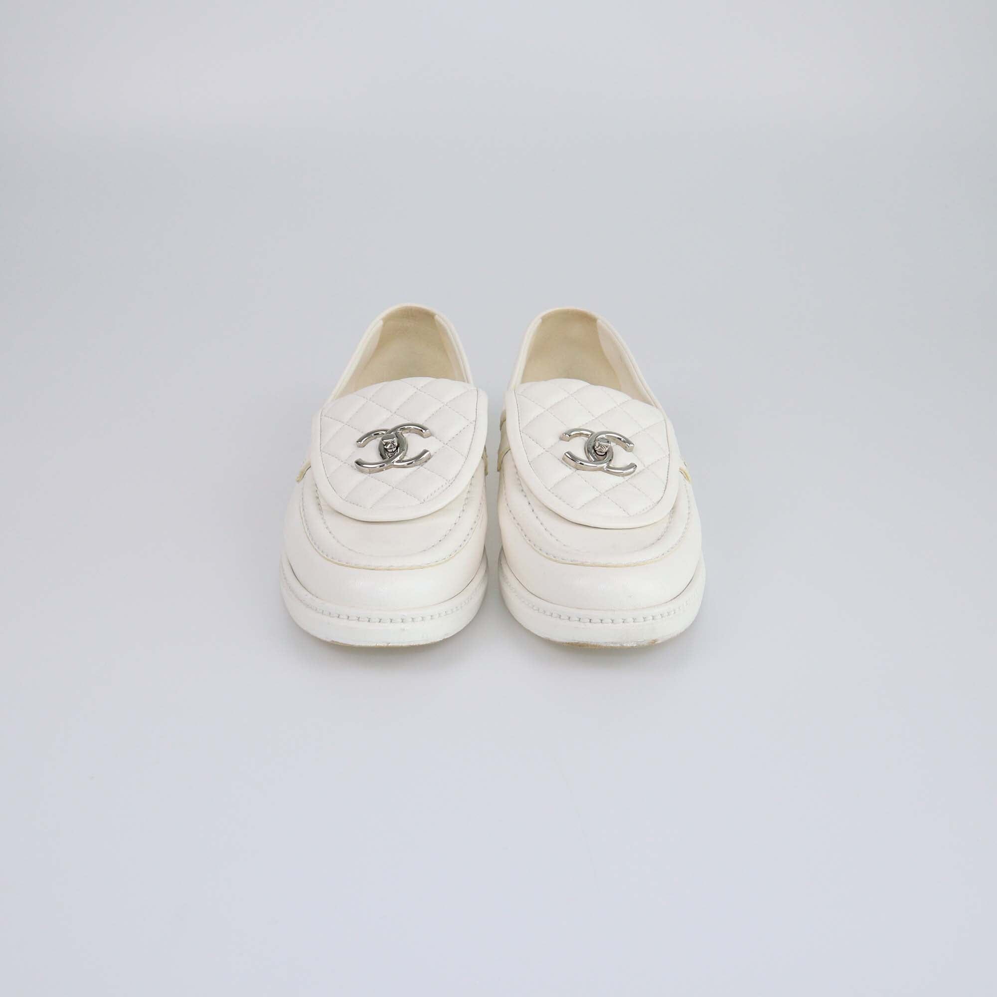 Chanel Off White Interlocking CC Loafers Womens Chanel 