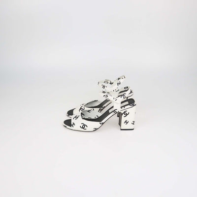 Chanel White,Black Leather CC Print Block Heel Ankle Strap Sandals