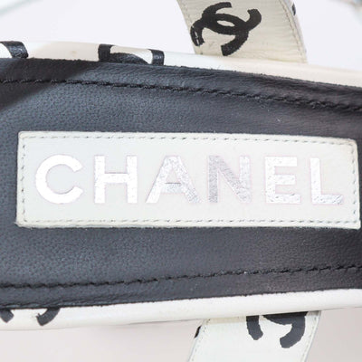 Chanel White,Black Leather CC Print Block Heel Ankle Strap Sandals