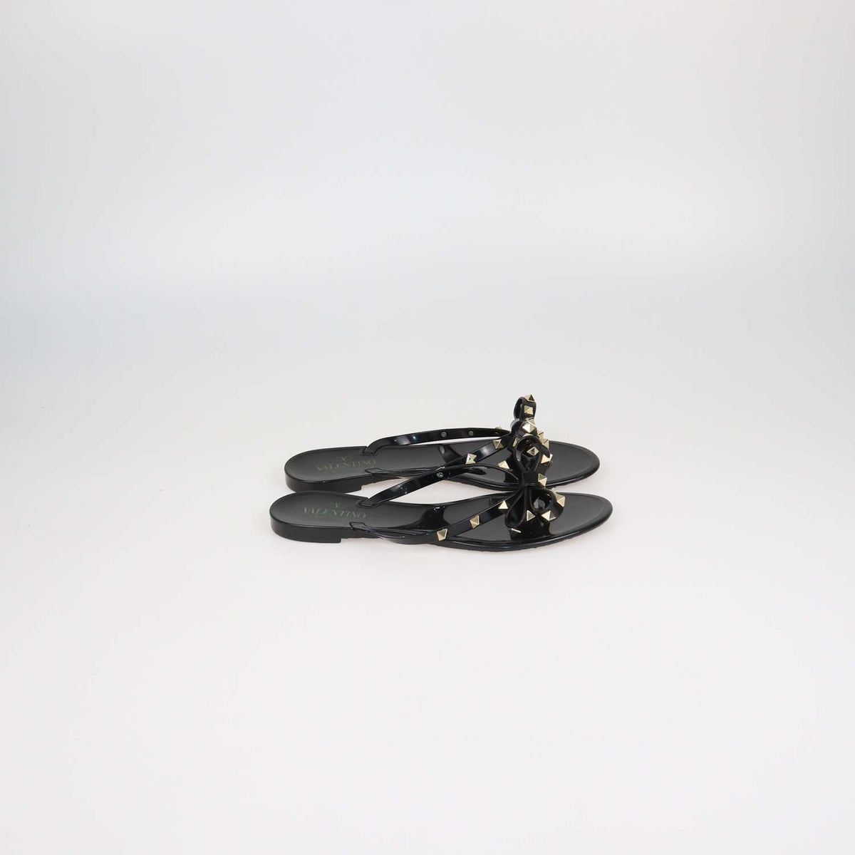 Valentino Black Rubber Rockstud Bow Thong Flats