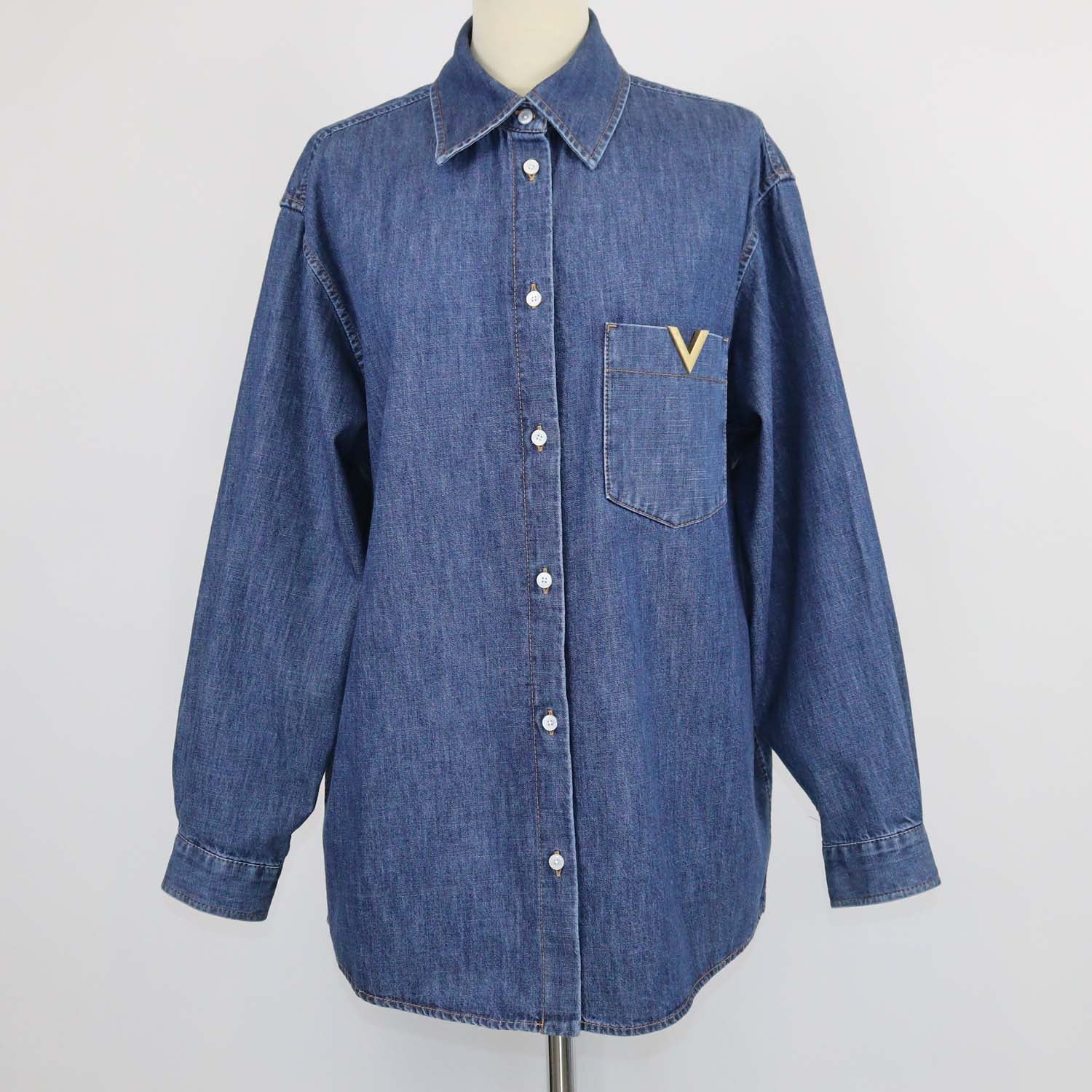 Valentino Navy Blue Denim VLogo Long Sleeve Chambray Shirt