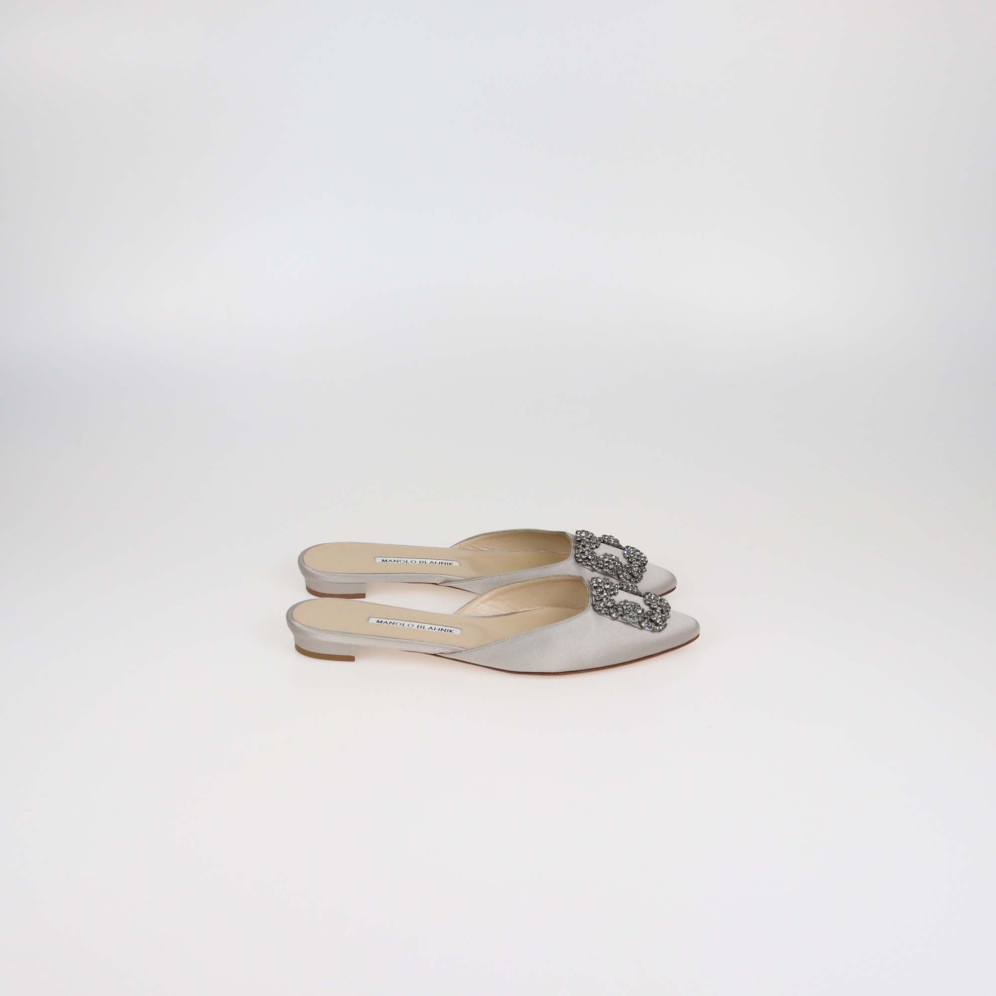 Manolo Blahnik Grey Satin Hangisi Crystal Embellished Flat Mules