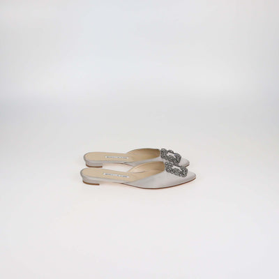 Manolo Blahnik Grey Satin Hangisi Crystal Embellished Flat Mules