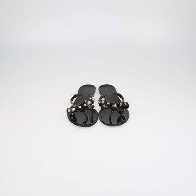 Valentino Black Rubber Rockstud Bow Thong Flats