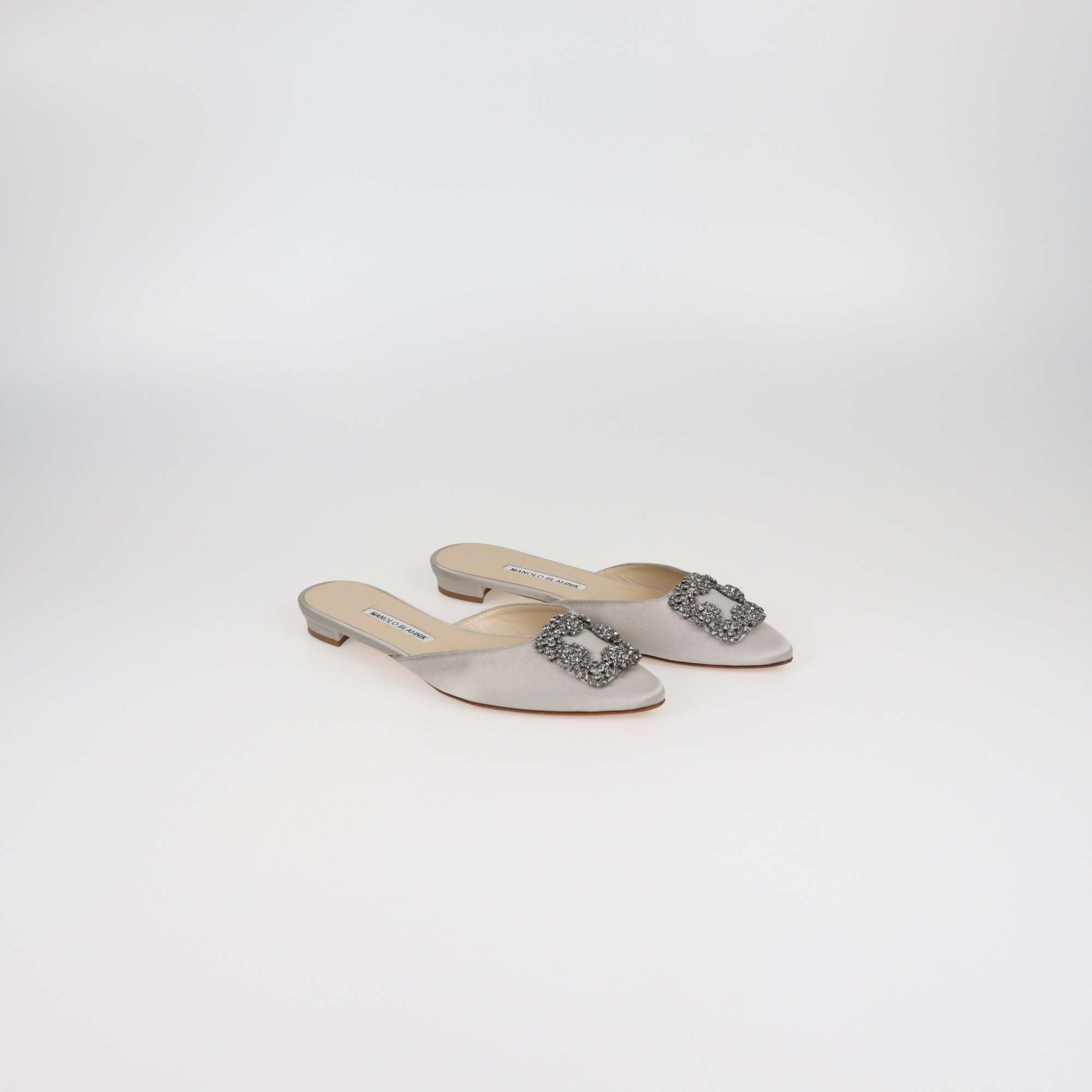 Manolo Blahnik Grey Satin Hangisi Crystal Embellished Flat Mules