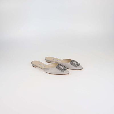 Manolo Blahnik Grey Satin Hangisi Crystal Embellished Flat Mules
