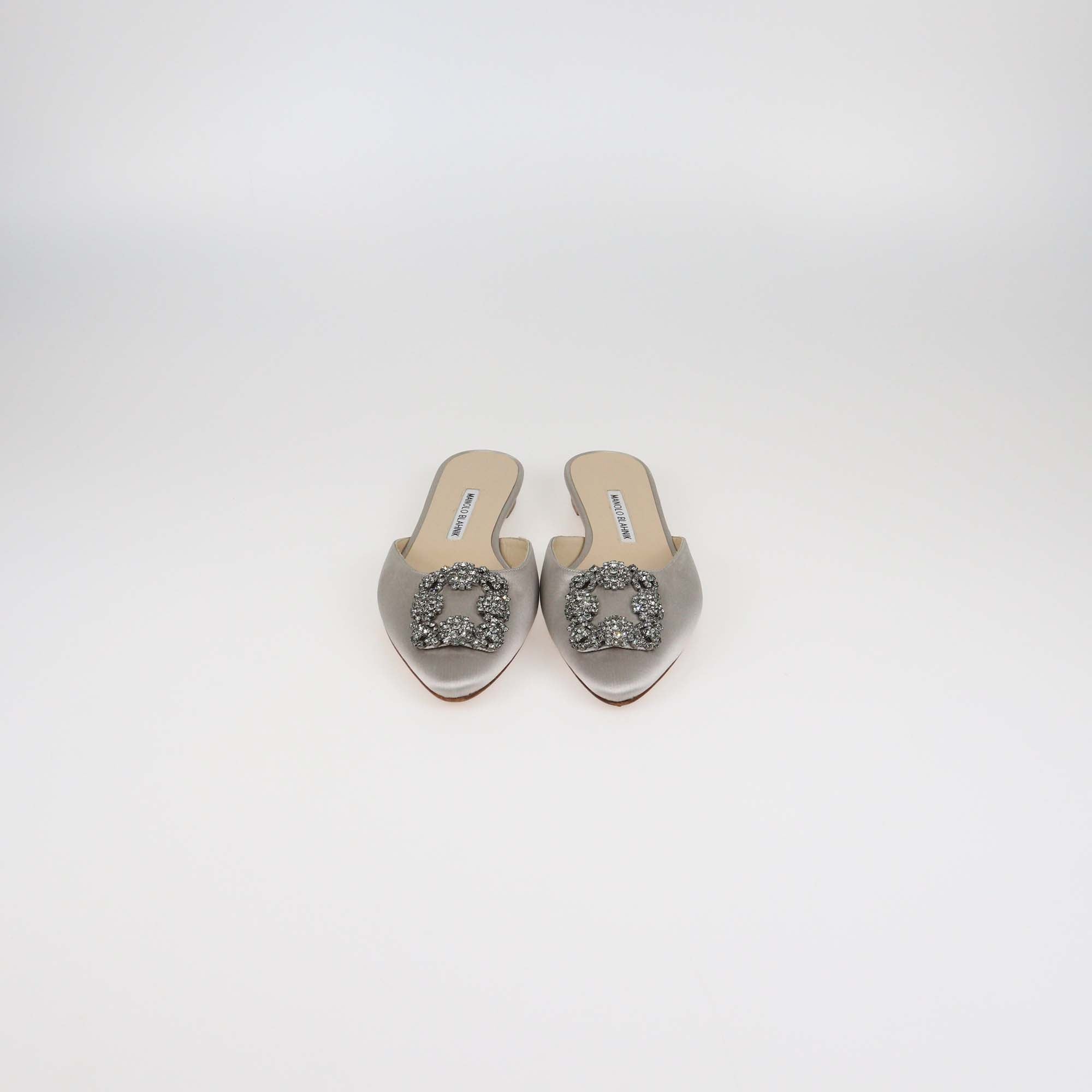 Manolo Blahnik Grey Satin Hangisi Crystal Embellished Flat Mules