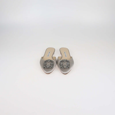 Manolo Blahnik Grey Satin Hangisi Crystal Embellished Flat Mules