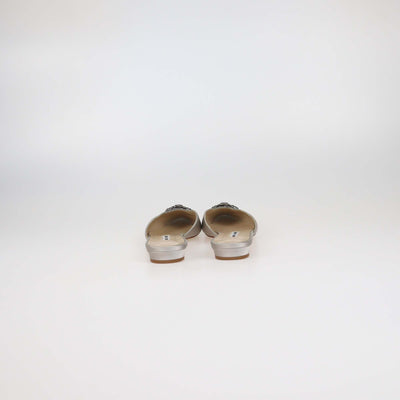 Manolo Blahnik Grey Satin Hangisi Crystal Embellished Flat Mules