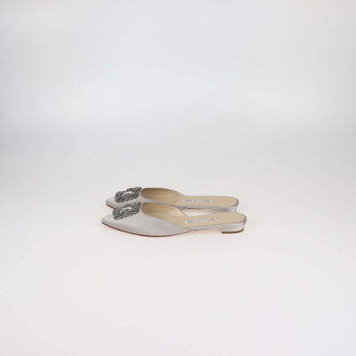 Manolo Blahnik Grey Satin Hangisi Crystal Embellished Flat Mules