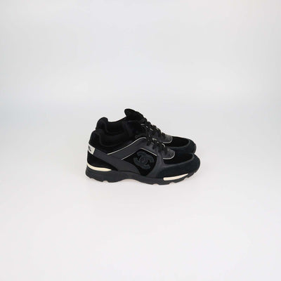 Chanel Black Velvet and Leather CC Logo Lace Up Sneakers