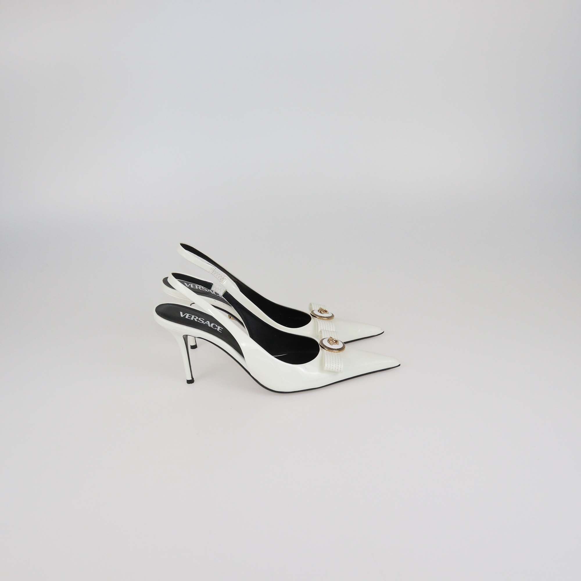 Versace White Patent Leather Gianne Ribbon Slingback Pumps